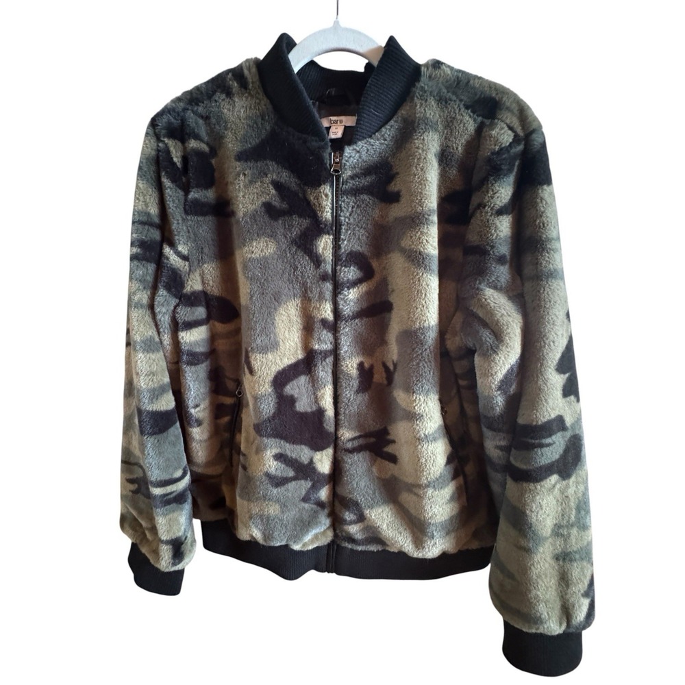 Bar III Fuzzy Faux Fur Camouflage Bomber Jacket Women's L Black Contrast Details